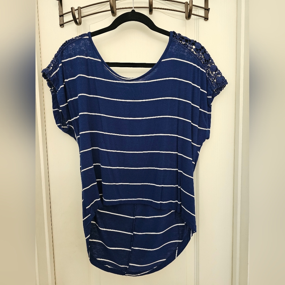 Navy striped top with lace sleeves